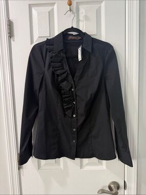 The Limited Black Ruffle Front Button-Down Shirt NWT M Office Siren